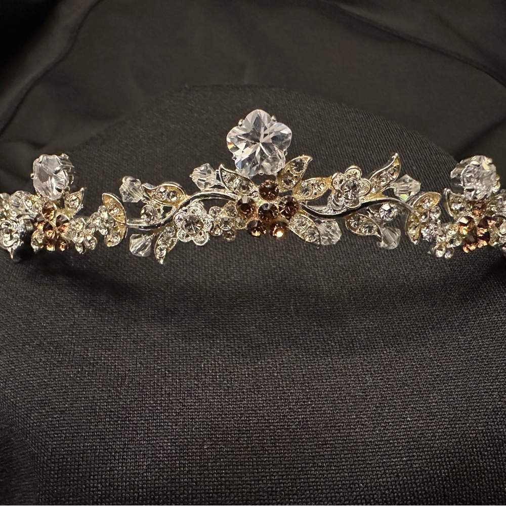 Vintage Two-Tone Crystal Floral Bridal Tiara - Topaz and Clear
